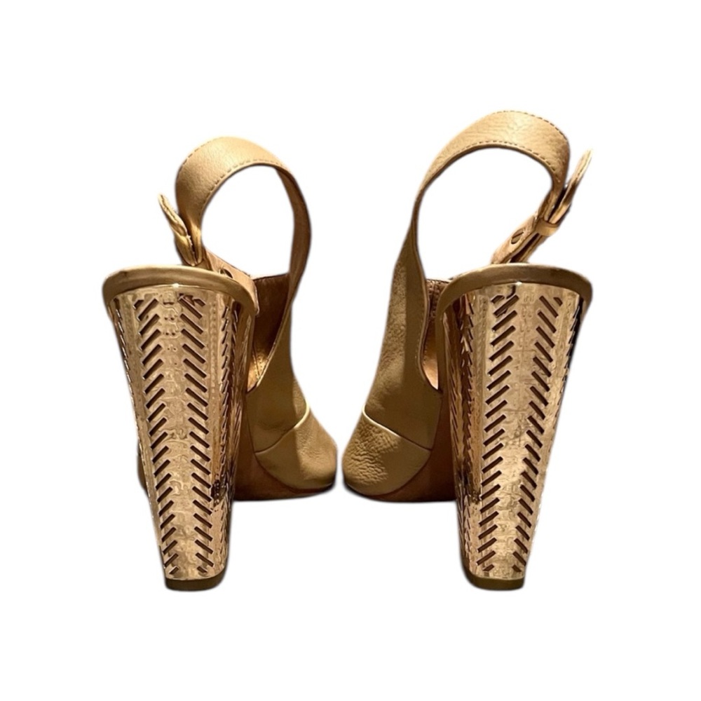 Coach Lillie Leather Slingback Peep Toe Bootie‎ Gold Metallic Block Heel Size 11 - Picture 6 of 12